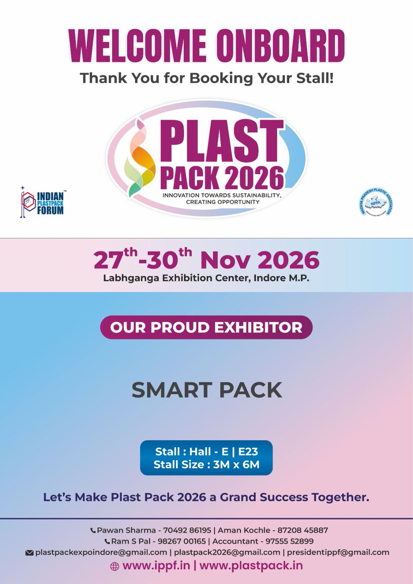 ForumPlastpack's tweet photo. We proudly welcome Smart Pack as an exhibitor at PlastPack 2026.

📍 Stall: Hall E | E23

We are excited to have you showcase your innovations at Central India’s biggest Plastic &amp; Packaging Exhibition.

#plastpack2026 #proudexhibitor #plasticindustry #packagingindustry #b2bexpo https://t.co/EqKViagw6u