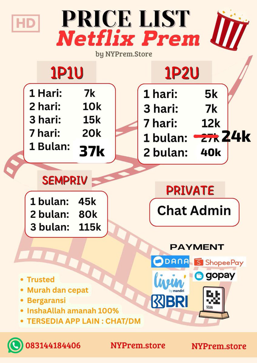 Minny_qute's tweet photo. ‼️NETFLIX TURUN HARGA‼️
ayooo guysss buruan order netflix bulanan lagi turun harga😍✨
trusted bergaransi amanah 100%💗 
tersedia netflix viu wetv iqiyi loklok disney prime vidio youtube capcur canva zoom dll
☎️ https://t.co/ihlLotsljb

#zonauang #zonajajan #netflixandchill #film https://t.co/Vhlre436MM