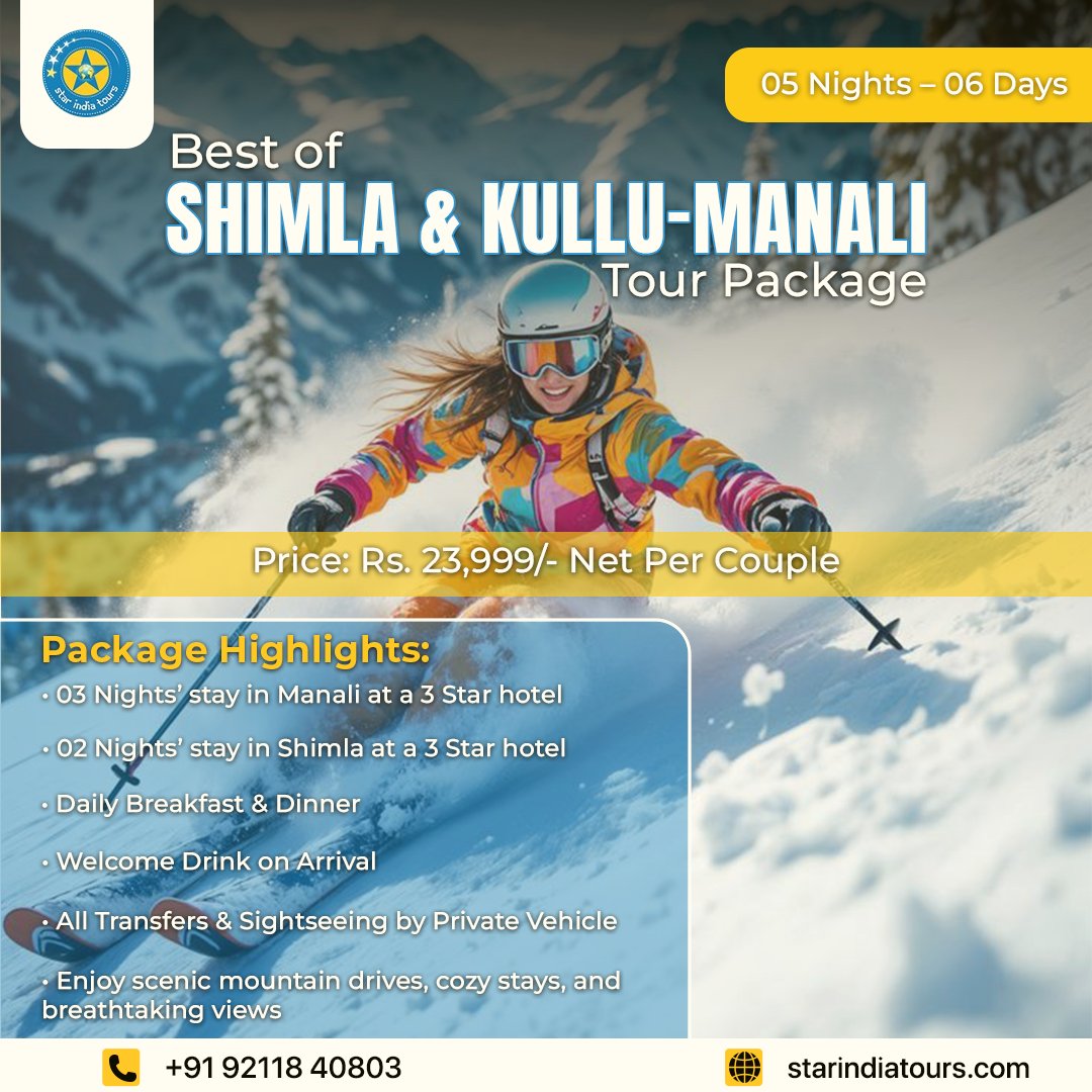 starindiatours's tweet photo. Grab this amazing offer for just Rs. 23,999/- per couple and make memories that last a lifetime! 💖
📞 Call us now: +91 92118 40803
 🌐 Book online: https://t.co/kh0cGuK0ty
.
.
#Shimla #Manali #KulluManali #HimalayanGetaway #WinterEscape #CoupleTravel #MountainVacation #India https://t.co/z8bNf1c2sx