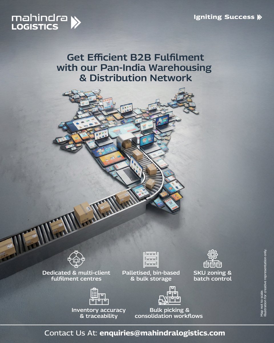 Mahindralog_MLL's tweet photo. Scaling a B2B marketplace demands seamless fulfilment. Our PAN-India multi-client warehousing & distribution network drives bulk movement, faster turnaround & consistent service levels.
📩enquiries@mahindralogistics.com
#MahindraLogistics #IgnitingSuccess #EcommerceLogistics https://t.co/Nkb6798XvT
