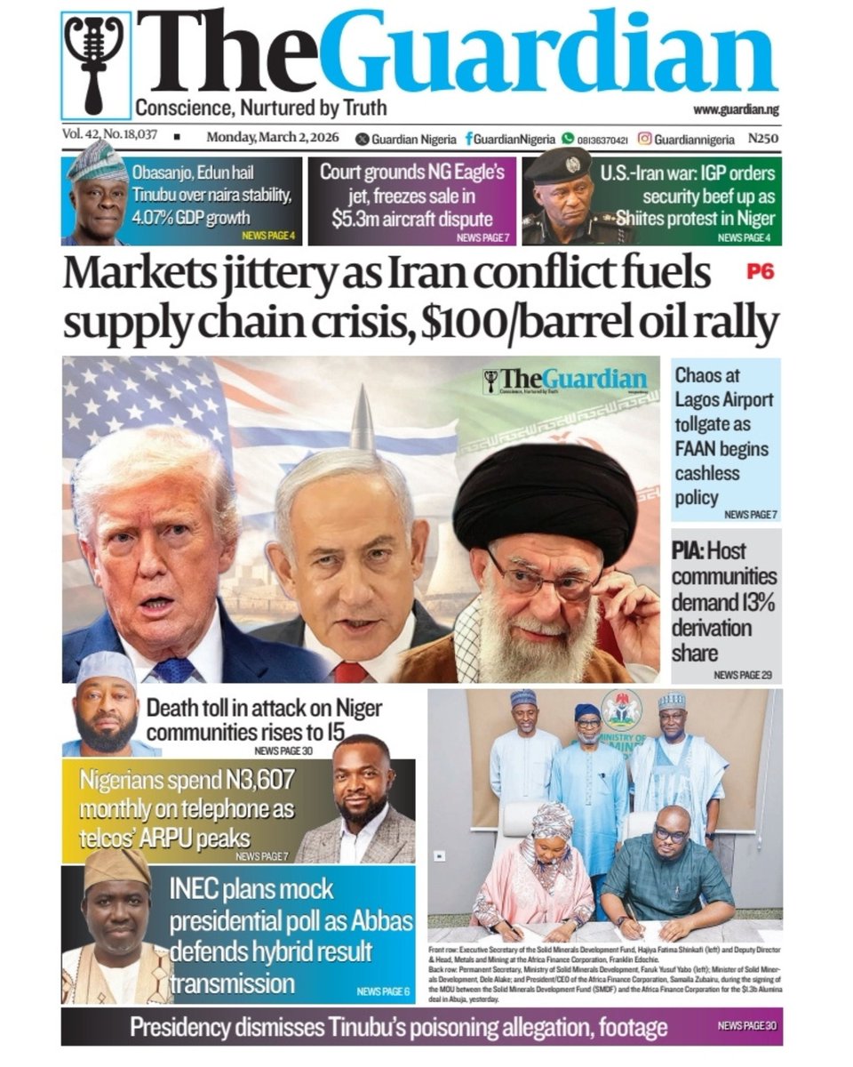GuardianNigeria's tweet photo. These are the headlines in today’s edition of The Guardian.
Get The Guardian on the newsstands for the latest in world news, sports, and in-depth analysis.
Visit https://t.co/bdEr5O0H7s for more.
#Tinubu #INEC #Obasanjo #Edun #US #Israel #Iran #FAAN #BreakingNews #Nigeria #Nigerians