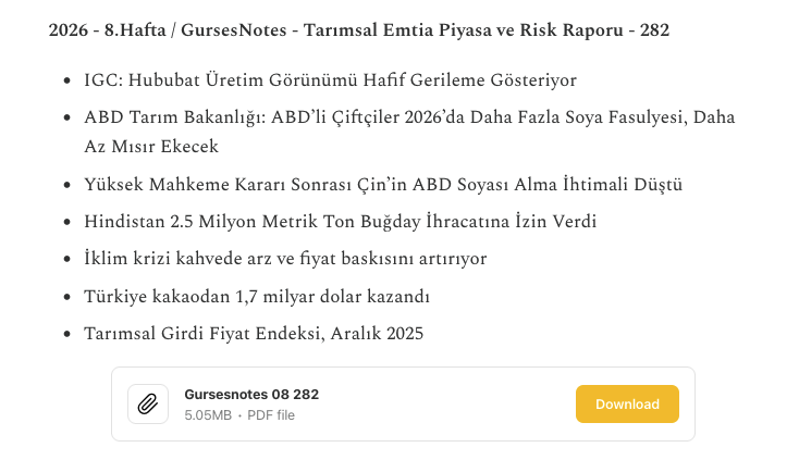 GursesNotes's tweet photo. 2026 - 8.Hafta / #GursesNotes - Tarımsal Emtia Piyasa ve Risk Raporu - 282

👉 https://t.co/ADCXUU2z5o https://t.co/sJwgaNhReM
