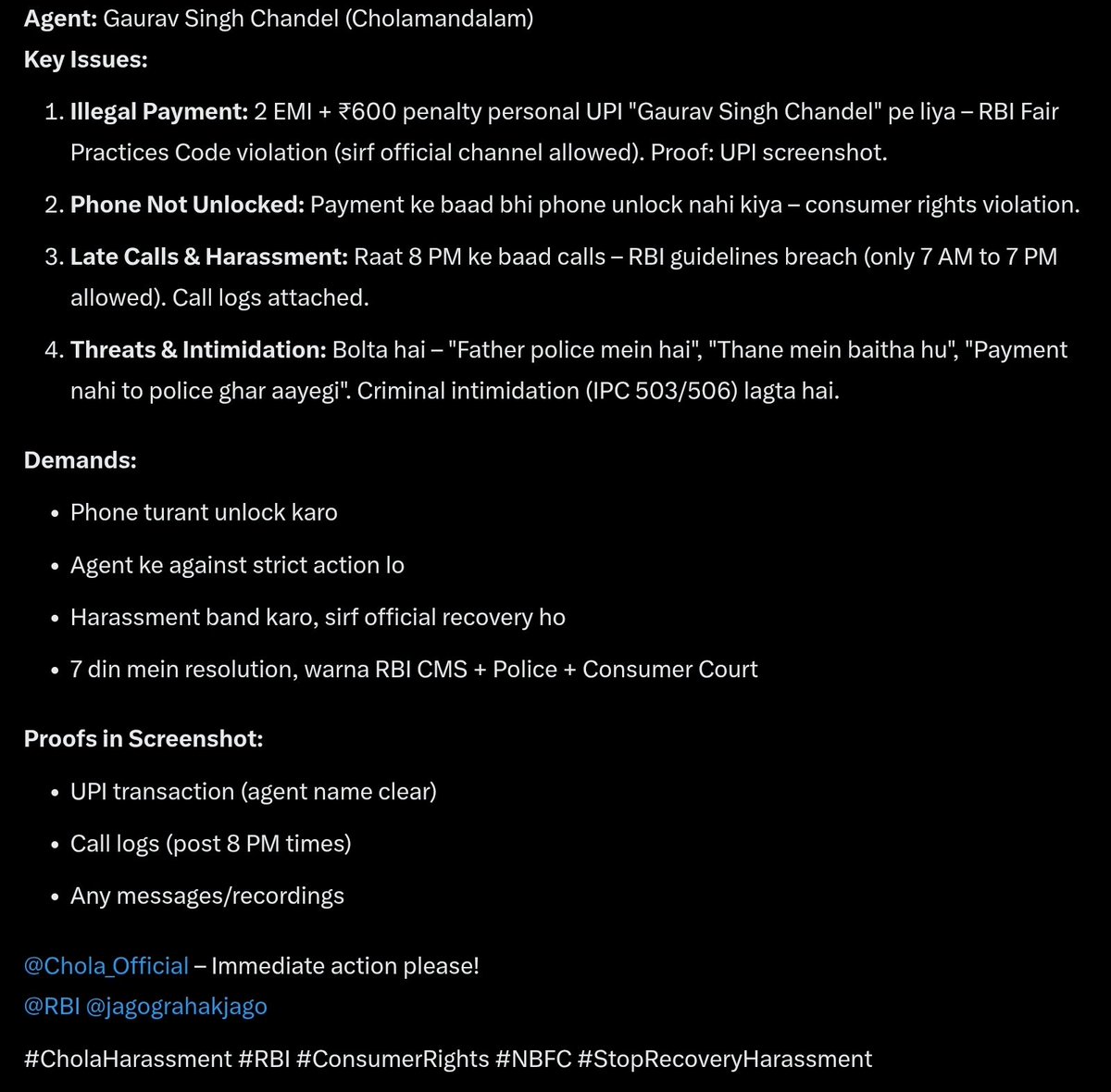 Waseemsemio's tweet photo. @Chola_Official @RBI @RBIsays @FinMinIndia @jagograhakjago
 Urgent! Agent Gaurav Singh Chandel ne personal UPI pe 2 EMI + ₹600 penalty liya, phone unlock nahi kiya, raat 8 PM ke baad calls + police threats! Full story &amp; proofs 
#CholaHarassment #RBI #ConsumerRights https://t.co/sbToJKwK1T