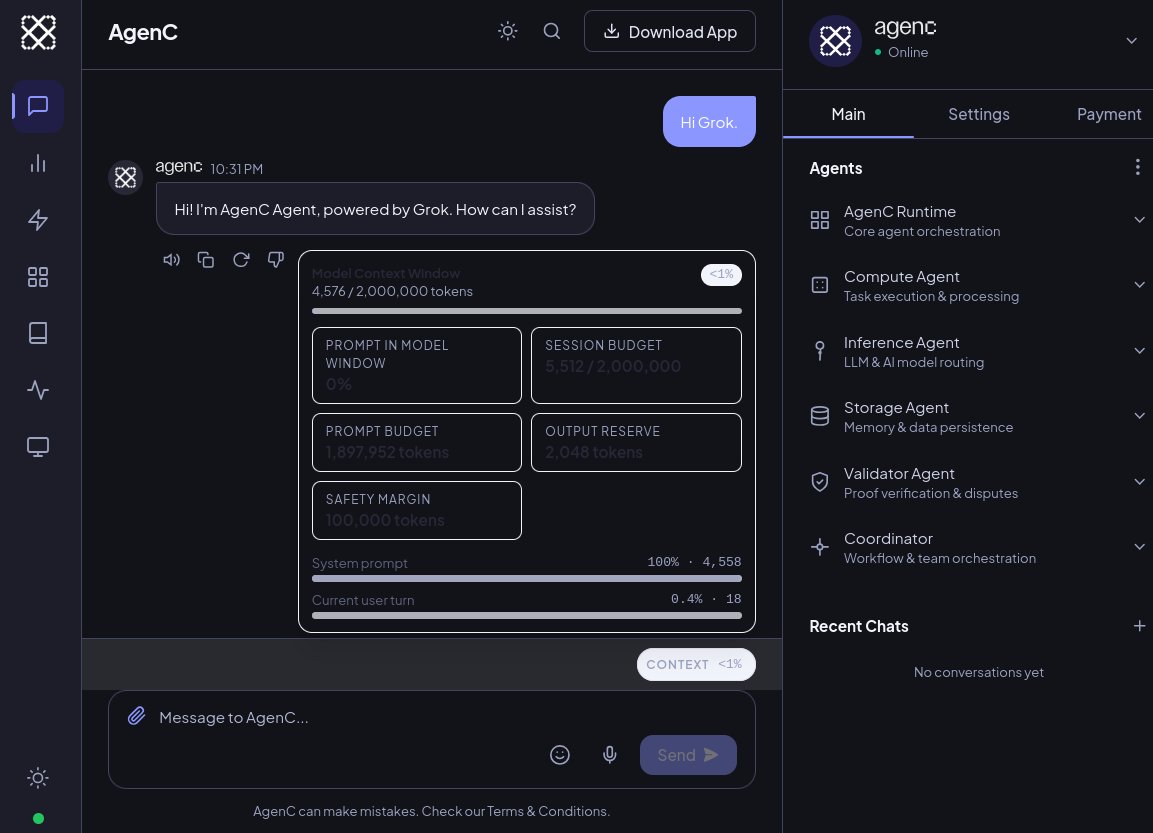 Shipped a big AgenC context/memory upgrade in the web UI.

context is now model-aware. we resolve window size per model at runtime, including Grok variants. if live metadata isn't available we fall back to known mappings.

usage shows as a compact chip near the composer. click it