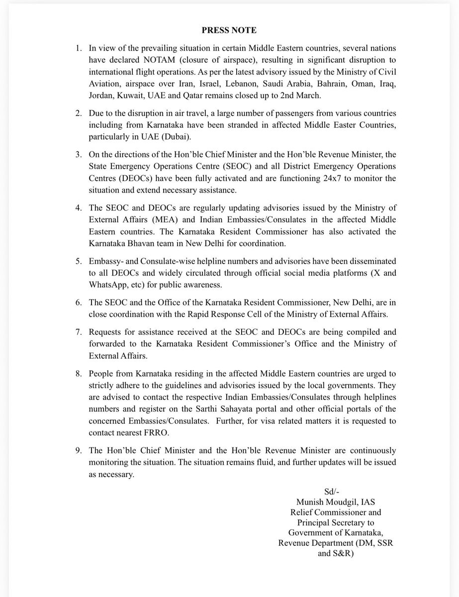 drarismd's tweet photo. At the request of NRI Kannadigas in Gulf countries, the Government of Karnataka has launched a helpline to assist non-resident Kannadigas facing any issues due to the Iran–USA war. Please find the details below. Kindly do not panic under any circumstances. https://t.co/bWIOguO2gj