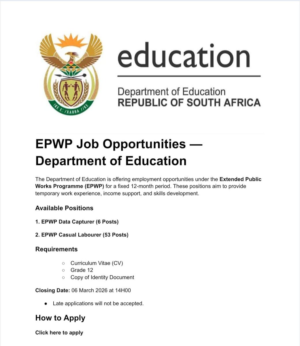 CarolBoitumelo1's tweet photo. EPWP Jobs –  Department of Education 2026

✅Data Capturer (6 posts) – R350/day
✅Casual Labourer (53 posts) – R130/day

Requirements:
- Matric/Grade 12
- Computer literacy for Data Capturer

Closing Date: 06 March 2026 at 14H00

Apply here: https://t.co/qqzIGhxFRl https://t.co/lmB6XrE0aS