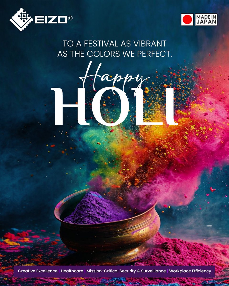 EIZO_India's tweet photo. May your Holi be filled with the brightest colors and the warmest smiles. Wishing you a wonderful day of celebration.
#EIZOIndia #ColorAccuracy #HappyHoli #CreativeExcellence #VisualTechnology #MadeInJapan #Holi2026 https://t.co/6wflDDSvsQ