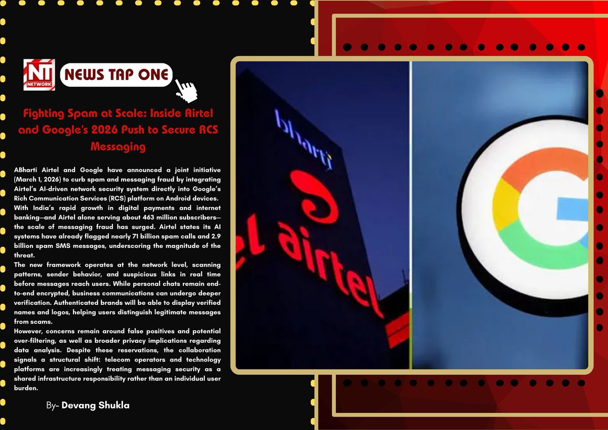 newstapworld's tweet photo. Bharti Airtel and Google join forces to integrate AI-powered spam detection into RCS messaging, aiming to curb fraud at the network level for millions of users in India.

https://t.co/S1Q1IEkszR

#airtelgoogle #AI #newstapone https://t.co/qCdE02X9YI