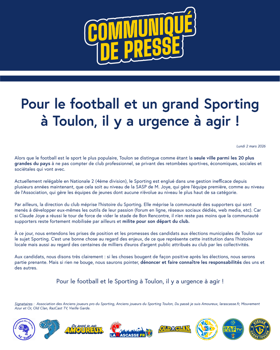 toulonmerite's tweet photo. Une #Union  inédite pour demander du changement au @sportingtoulon . Et un message aux candidats : pour le #Football  à #Toulon , il y a urgence à agir !

@Var_Matin @AfterRMC  @footnational  @BFMVar  @ici_provence  @ADN_foot @footamateur_fr https://t.co/1LeMhMHbyY