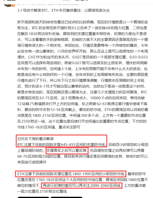 laojiucai123's tweet photo. 3.2号技术解读：BTC，ETH日内看点

BTC昨天日内解读讲过回踩的支撑也是刚刚达到了645-655区间，最低650附近一线开始的反弹，现在的行情就是要走一个震荡的行情，不会直接拉升很多去到节点72-75区间，同时也不会直接跌破60的关口线，至少在目前的一个附近位置震荡一下之后再等走破区间行情，打破节点位置，后续的行情才会直线开始走一个阶段性的上涨行情，ETH也是一样昨天回踩的力度不是很大，只是触及了支撑附近的1900附近一线就反冲了，同比大饼的走势基本上差不多，点位也是相差不多，符合昨天的日内看点

今天日内级别的看点
BTC支撑防守住了反弹行情，在日内级别上可以关注下68-70区间的阻力位置，也就是说这两天可能回冲一下这个区间的阻力位置，关注下日线级别的收线是否能冲破上去，如果能直接性的冲破后续的话注意一个上冲插针72左右的阻力位置，行情会再次的下来，届时再注意65-68区间的支撑即可，目前的小阶段可以看个小反弹的上冲2000-3000个点左右

ETH的支撑点位也是防守住了，反弹的力度现在得到阶段需要关注2000-2030区间的阻力线，符合昨天的预计回调的点位反弹，冲破2060一线的话，小级别上注意2150-2220区间的阻力，直接冲上去在这个位置上会进行插针再次回落下来，所以现在的阶段做震荡行情可以适当的做杠杆进行来回的波段走势，如果达到2150-2220区间进行回落的情况，届时再考虑到支撑位置在1960-2000区间线即可