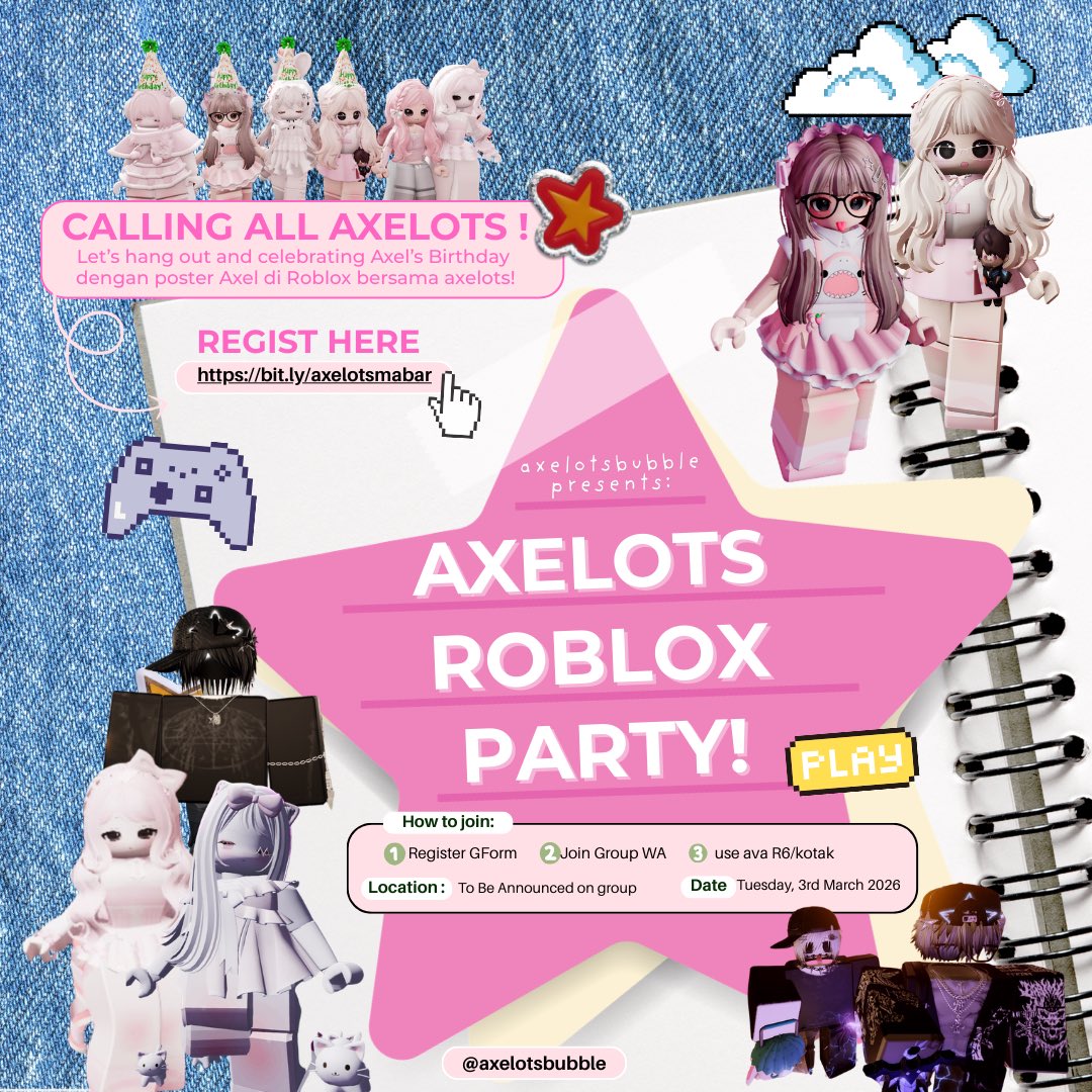 axelotsbubble's tweet photo. ✨🩵 21st Axel’s Hour, Roblox Party Time! 🥳🎮

Let’s celebrate Axel’s Bday together in Roblox! 🎂🎉

🗓️ Tuesday March 3rd, 2026
📍 Maps: TBA
🎮 Dress code: R6 / Ava Kotak

Register Here ➡️ https://t.co/mjtBF8aTuH

Make sure to regist &amp; join the WA group
#Axelots #AxelEternalBlue https://t.co/CnE1Q786mE