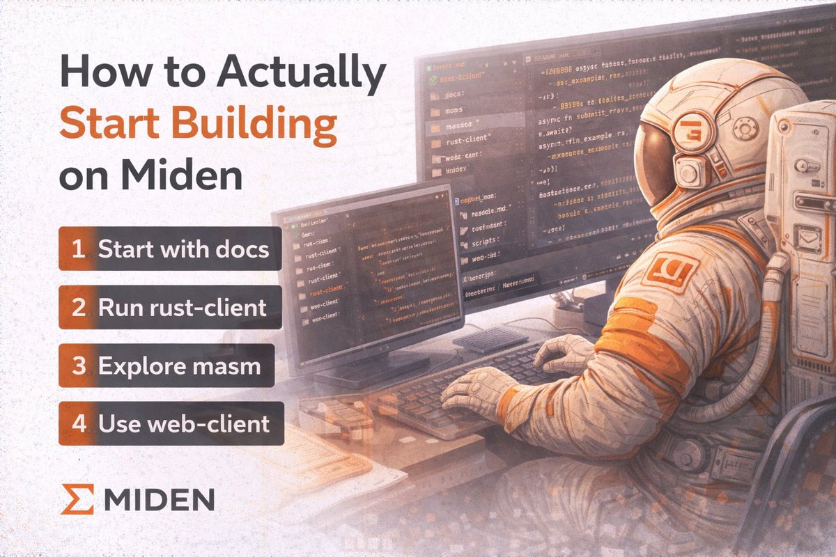 Developers building on Miden?

Here’s the fastest way to actually get started.

The official <a href="/0xMiden/">Miden</a> tutorials repository is your entry point.

But don’t just browse randomly.

Follow this path:

1️⃣ Start with the docs folder  
Understand accounts, notes, and transactions first.