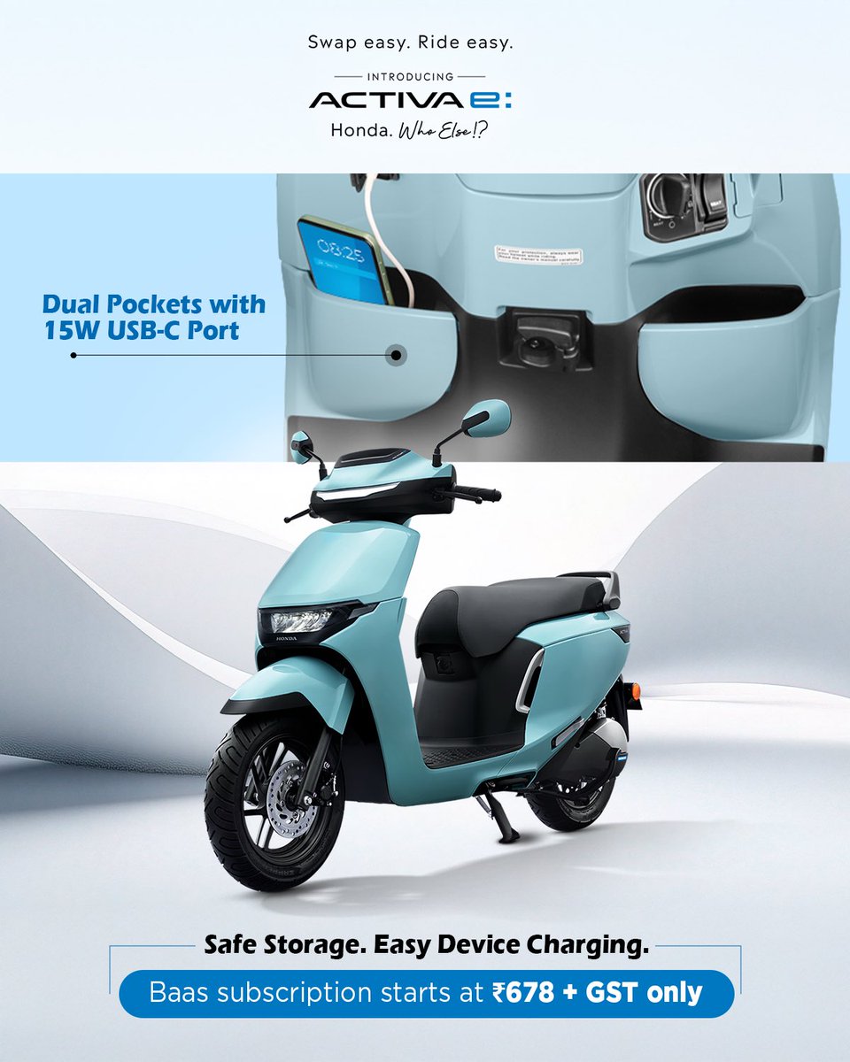 honda2wheelerin's tweet photo. The Honda Activa e: comes thoughtfully designed with dual storage pockets and a 15W USB-C charging port, so you can power up your devices on the move and enjoy a smoother, more convenient ride every time.
#Honda #Honda2Wheelers #ThePowerOfDreams #Activae: #SwapEasyRideEasy https://t.co/eG88lxGaZ7