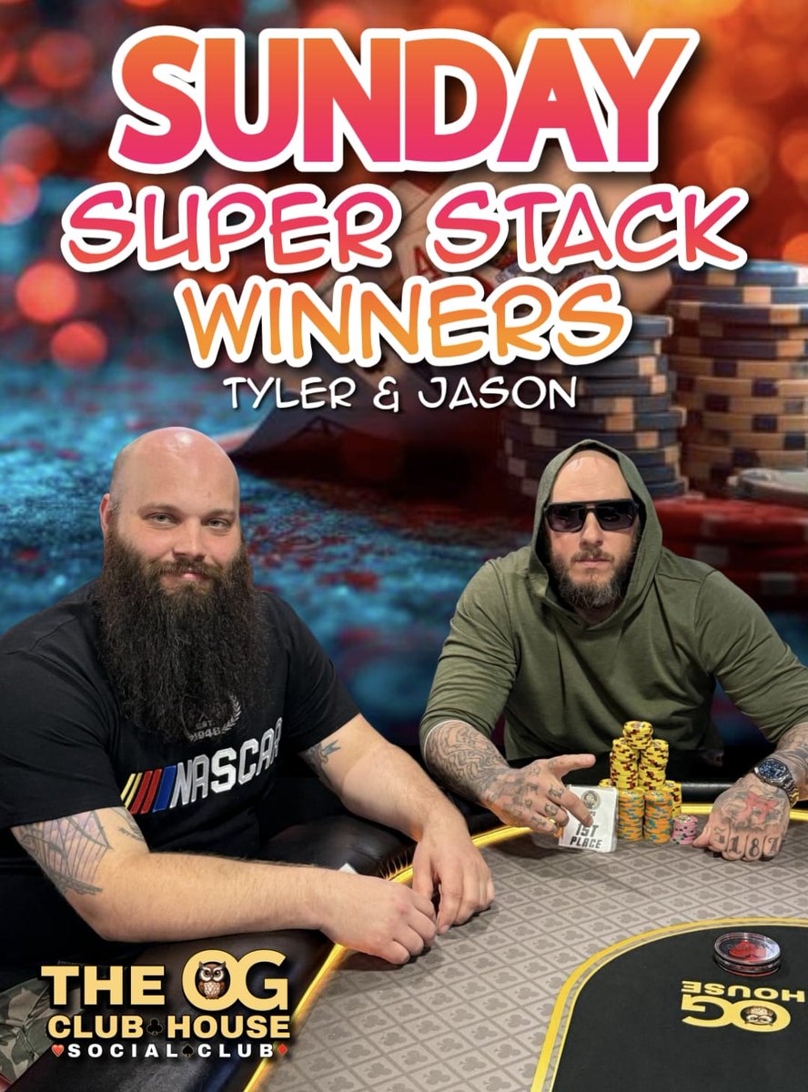 OGPokerClub's tweet photo. Sunday night, leveled up. โ ๏ธ๐ฅ
Big shoutout to David & Seth (Satellite) and Tyler & Jason (Super Stack) for crushing their Sunday at The OG Clubhouse! ๐
Think youโve got what it takes? Pull up next game night. โ ๏ธ๐ฅ
#PokerTournament #SundayWinners #OGClubhouse #TexasHoldem https://t.co/wPOBbpfP25
