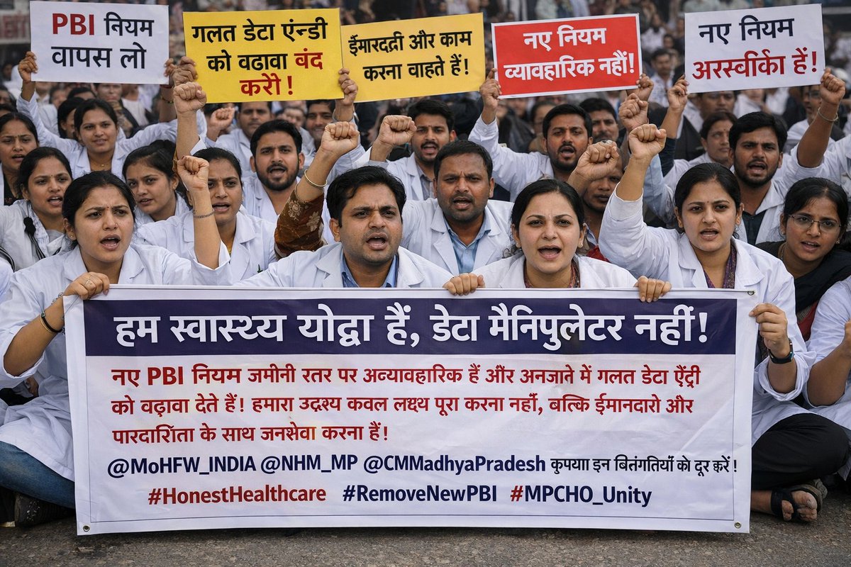 हम स्वास्थ्य योद्धा हैं, डेटा मैनिपुलेटर नहीं!
नए PBI नियम ज़मीनी स्तर पर अव्यावहारिक हैं और अनजाने में गलत डेटा एंट्री को बढ़ावा देते हैं।
हमारा उद्देश्य केवल लक्ष्य पूरा करना नहीं, बल्कि ईमानदारी और पारदर्शिता के साथ जनसेवा करना 
<a href="/MoHFW_INDIA/">Ministry of Health</a> <a href="/NHM_MP/">National Health Mission MadhyaPradesh</a>
#RemoveNewPBI
#MPCHO_Unity