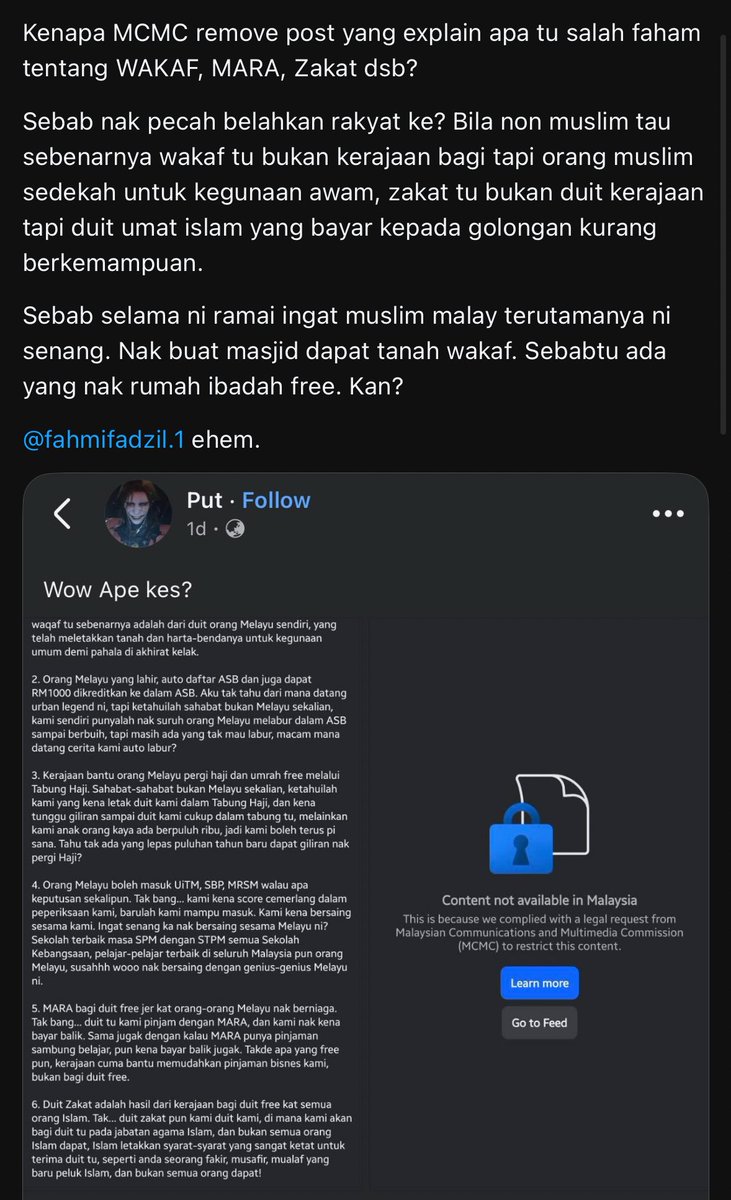 ForAzhar00's tweet photo. Aik mcmc orang nak educate non malay pasal zakt dan wakaf pun kena sekat?

Mcmc barua keling ke? https://t.co/ZmhgqdzJ3n