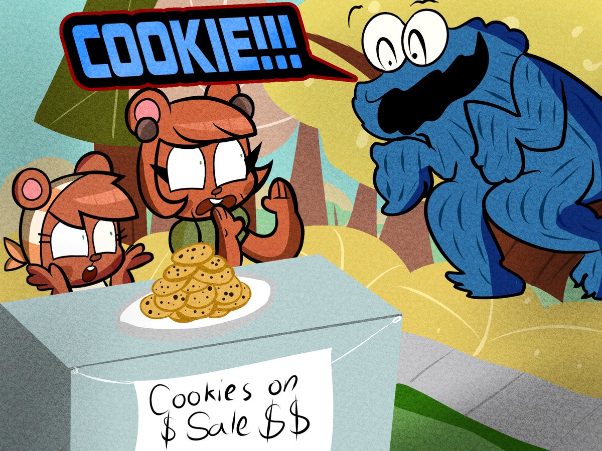 When you try to sell cookies but the first customer you get is a monster who'd devour them without even paying.
Mitzi and Meryl owned by <a href="/ajmarekart/">AJMarekArt</a> 
Cookie Monster owned by Sesame Workshop
(If you know you know why I'm making them crossover)