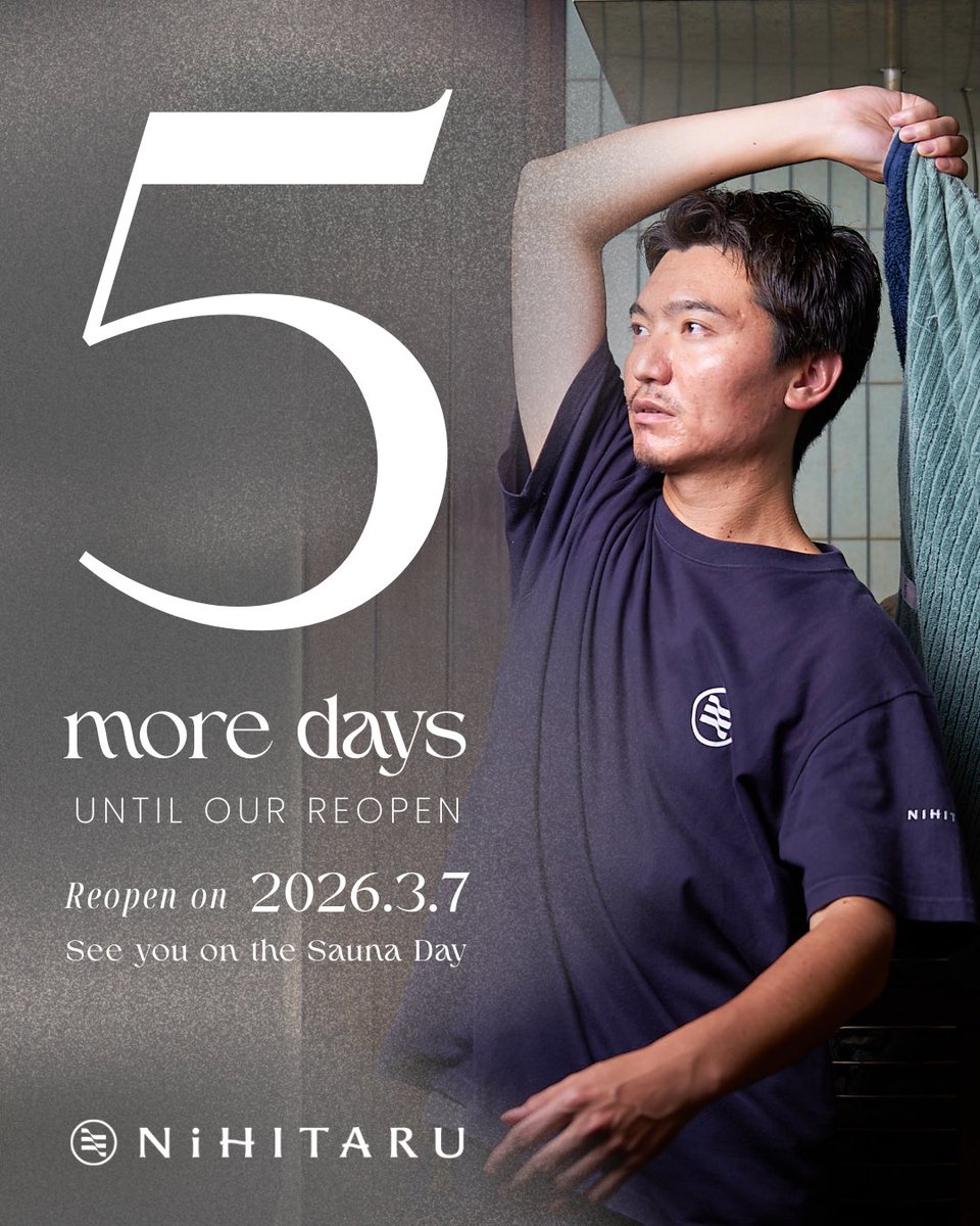 ✨5 more days until our reopen✨

NiHITARU、現在修繕工事によりお休みをいただいていますが、営業再開まで【あと5日】となりました！

3月7日「サウナの日」に、工事によりブラッシュアップされたNiHITARUでぜひお会いしましょう🧖‍♂️🌿

model : fukushima no KAZE