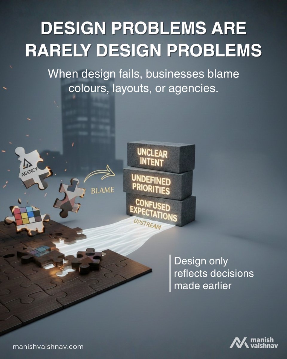 BRANDwithMV's tweet photo. Design problems are rarely design problems.

Design reflects decisions made earlier.

If intent is unclear,
execution won’t fix it.
Clarity before creativity.

🔗 https://t.co/XiwGXV6mAr

#DecisionClarity #Leadership #होली  #WorldWar3 https://t.co/bktJfUvNU3