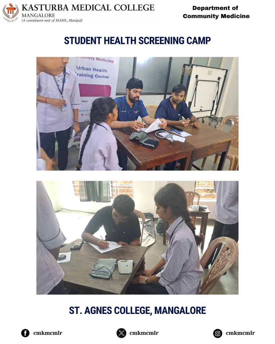 Dept of Com Med, KMC Mangalore conducted a health camp for students of St Agnes College. A total of 1003 students were screened. The camp was organized by MSWs Mrs Sharavathi &amp; Mr Hariprasad, with participation from PGs and interns.