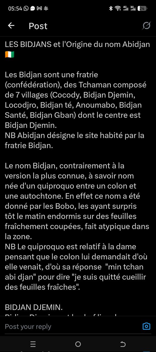 De l'origine du nom "Abidjan".

Si on nous avait appris cela à l'école primaire- comme on nous a appris que le 7 aout est le jour d'Indépendance- on aurait sûrement pas toutes ces versions. À l'école on nous a seulement dit qu' Abidjan est une terre Ebrié. 

Et vous, vous