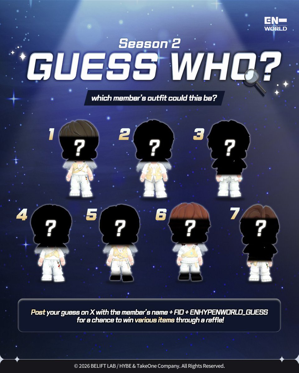 Som1UrNot's tweet photo. @ENHYPENWORLD_X FID: 63323FW0

1: Jay
2: Sunoo
3: Jake
4: Heeseung
5: Ni-ki 
6: Jungwon
7: Sunghoon

#ENHYPENWORLD_GUESS https://t.co/txX1ryTSt0