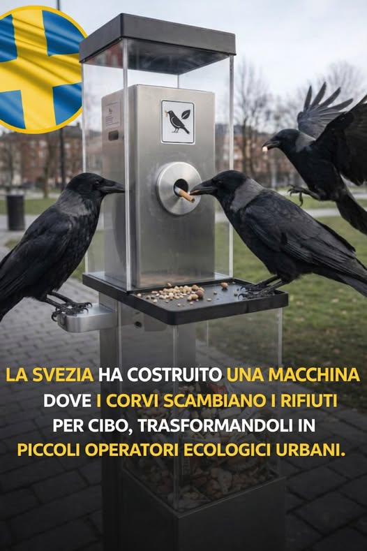 La Svezia ha costruito una macchina in cui astuti corvi scambiano rifiuti con ricompense, trasformando questi brillanti uccelli in piccoli operatori ecologici urbani! In Svezia, una startup chiamata Corvid Cleaning ha creato un’innovativa macchina pilota che ricompensa i corvi