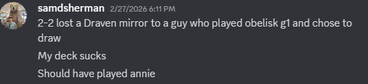 LoLHfang's tweet photo. Really happy that @samdsherman  won it all after this troubling post in the testing server on Friday afternoon. @riftboundop https://t.co/nIRWHroXL7