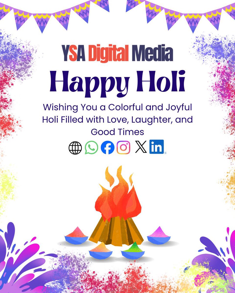 Ysadigitalmedia's tweet photo. May your life be as vibrant and full of color as a perfect marketing campaign! 

Wishing everyone a splash of success and a spectrum of happiness this Holi.

Happy Holi from all of us at YSA Digital Media Marketing Agency! https://t.co/6DTiG2xRMM