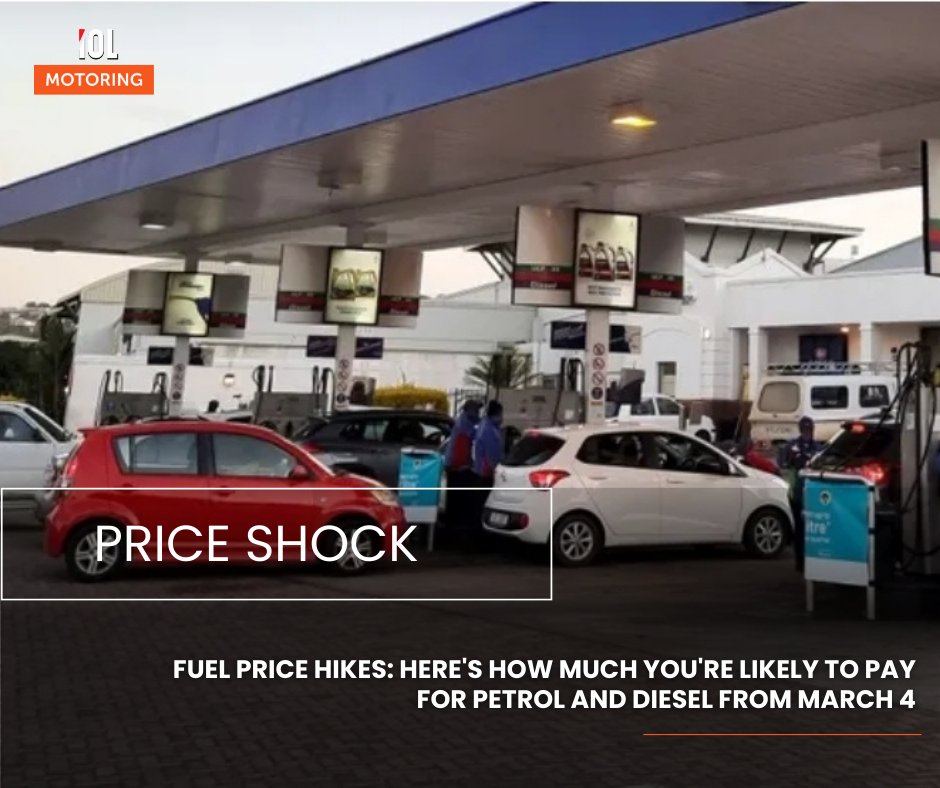 IOL's tweet image. Brace yourself, South Africa! From March 4, petrol and diesel prices are climbing again — hitting wallets hard. Whether you’re filling up for work or weekend plans, the pinch is real. How will these hikes change your driving habits? @IOLmotoring
#motoring #petrol #diesel #prices