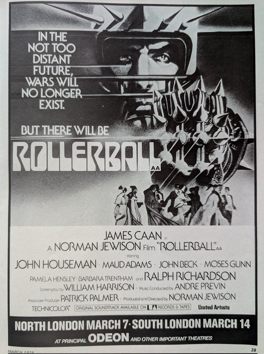 In the not too distant future, wars will no longer exist (yeah, right!), but there will be... Rollerball! Yes, it's another Vintage Magazine Movie Ad Monday on Pop Culture Schlock, and a great full-page Photoplay ad for Rollerball's North London release, 50 years ago this week!