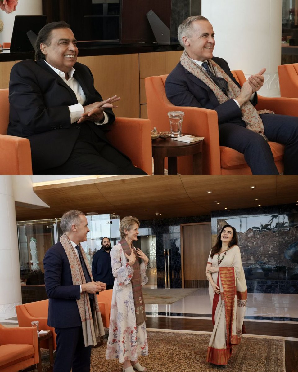 CNBCBajar's tweet image. મુકેશ અંબાણી અને નીતા અંબાણીએ કેનેડાના વડાપ્રધાન માર્ક કાર્ની અને ડાયના ફોક્સ કાર્નીનું મુંબઈમાં તેમના ઘરે ઉષ્માભર્યું સ્વાગત કર્યું.

#MukeshAmbani #NitaAmbani #MarkCarney #AnantAmbani #Mumbai