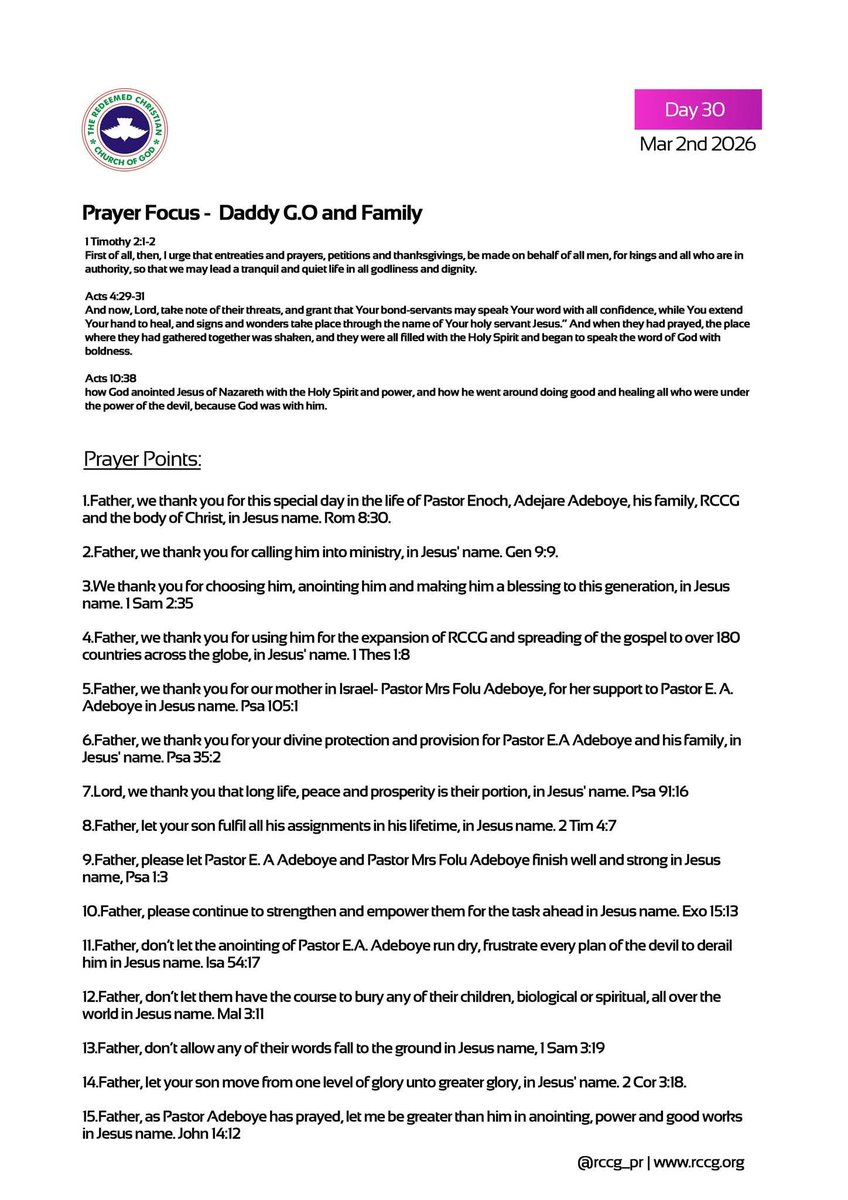 rccgTNofficial's tweet photo. DAY 30
Prayer Focus - Daddy G.O. and Family
Text: 1 Timothy 2:1-2, Acts 4: 29-31, Acts 10:38
#RCCGFast #FastingandPrayers https://t.co/Z6LkbOiyC2