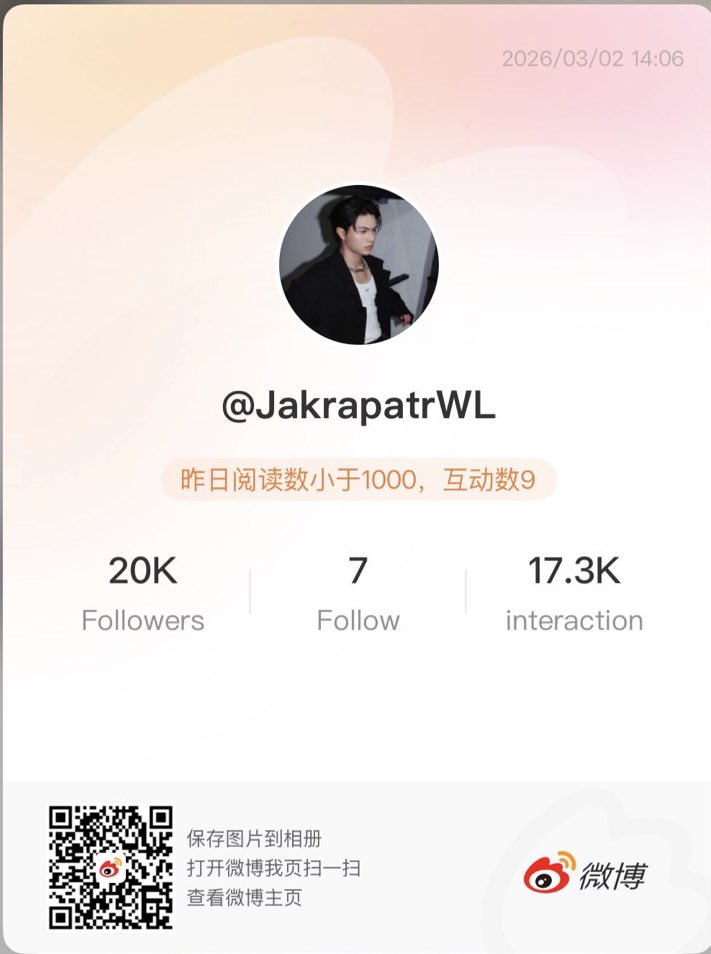 🌟 ✨ 𝓒𝓸𝓷𝓰𝓻𝓪𝓽𝓾𝓵𝓪𝓽𝓲𝓸𝓷𝓼 𝓸𝓷 𝟐0𝓚 𝓯𝓸𝓵𝓵𝓸𝔀𝓮𝓻𝓼 𝓸𝓷 𝔀𝓮𝓲𝓫𝓸 ✨🌟

🎉ขอแสดงความยินดีกับน้องวิลเลี่ยมด้วยนะครับ 🥰 กับยอดผู้ติดตามบน Weibo ที่เพิ่มขึ้นอย่างต่อเนื่อง ทุกการกดติดตามคือกำลังใจเล็ก ๆ ที่พร้อมเดินเคียงข้างน้องวิลเลี่ยมในทุกช่วงเวลา ✨