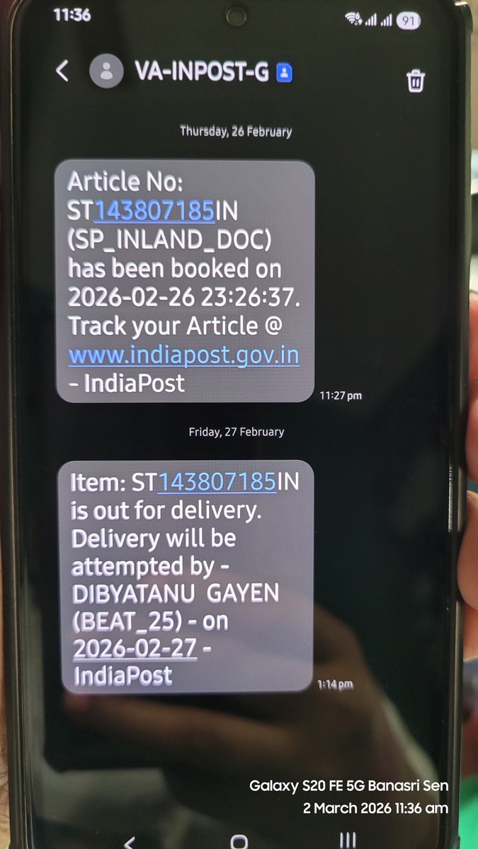 IamBanasri's tweet photo. @IndiaPostOffice hello, My this parcel ST143807185IN is showing out for delivery from past 3 days. But no one has contacted me or come to my home. Can you please help me. It is an important parcel. 
Thank You. https://t.co/9o12slVv9P