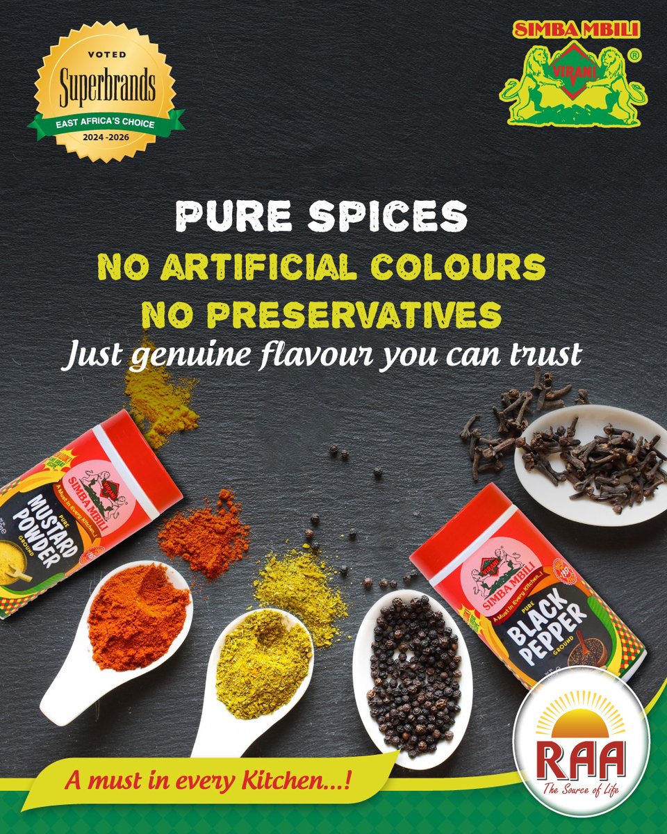 LimitedRaa's tweet image. True flavour doesn’t need shortcuts. At Simba Mbili, we blend pure spices with care — no artificial colours, no preservatives, just genuine taste backed by KEBS-certified quality. That’s our heritage.

#SimbaMbili
#PureSpices
#TrustedQuality
#BrandHeritage