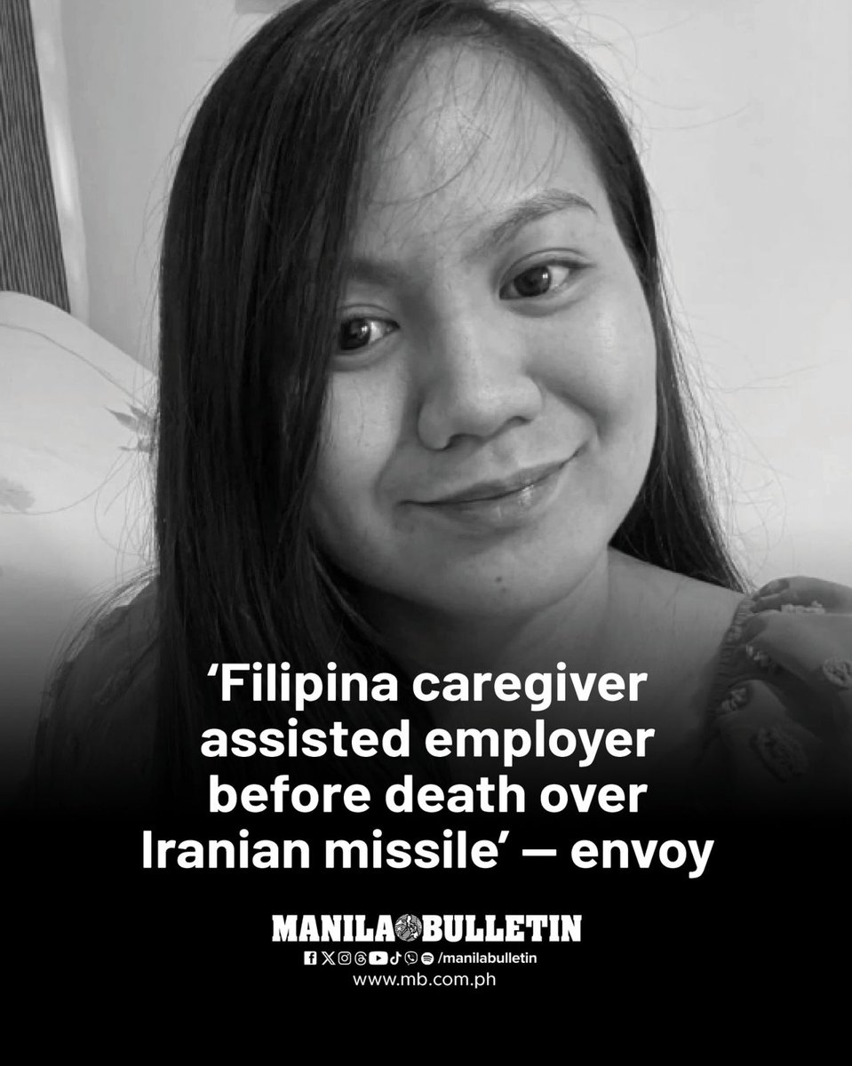 manilabulletin's tweet photo. Filipina caregiver Mary Ann Velasquez de Vera managed to bring her employer to safety before she was killed by Iran's missile attack on Israel.

When the sirens blared across Israel on the first night of its joint attack with the US on Iran on Feb. 28, the 32-year-old overseas Filipino worker (OFW) from Basista, Pangasinan, rushed to assist her patient and brought her to shelter.

READ: https://t.co/GWE7OqA53C