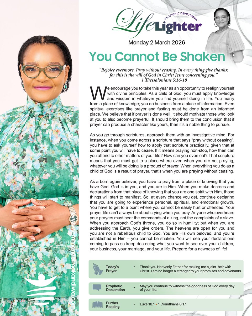 ruthmakandiwa's tweet photo. Monday 2 March 2026
You Cannot Be Shaken.
#LifeLighter #DailyDevotional #EmmanuelMakandiwa #RuthEmmanuelMakandiwa https://t.co/J1zoCitTXc