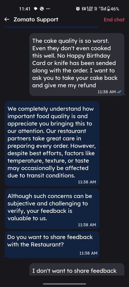 Prakhar0016's tweet photo. @zomato @zomatocare you have the worst support system. Take your cake back and give me my refund back. https://t.co/hqaTo5GjF8
