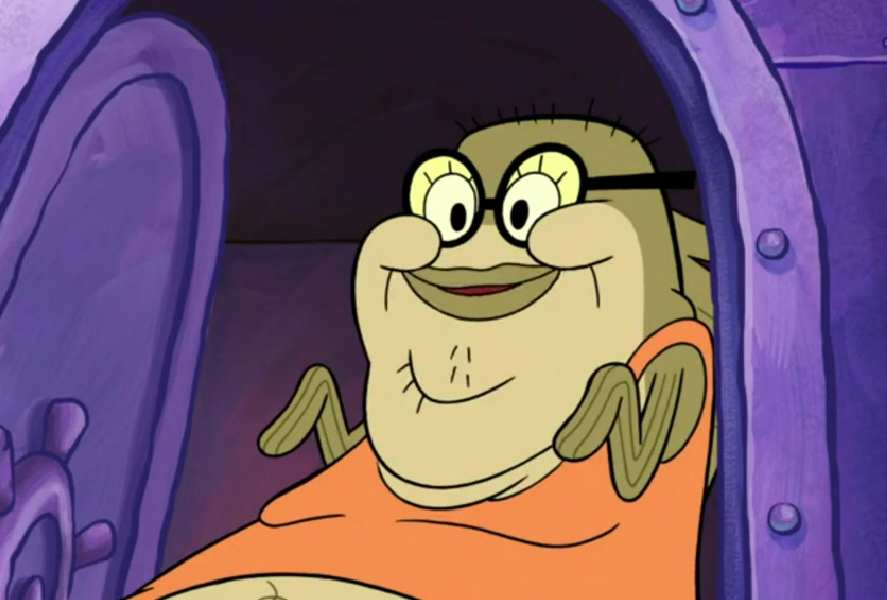 MiniP7's tweet photo. In the Season 15 episode of "SpongeBob SquarePants" titled "Biscuit Ballyhoo", Bubble Bass appears briefly as a customer that Squidina and Squidward try to sell biscuit boxes to.
He is left unimpressed by Squidward's outfit, telling him: "Your cosplay is terrible" https://t.co/Lxvaf3IC5i