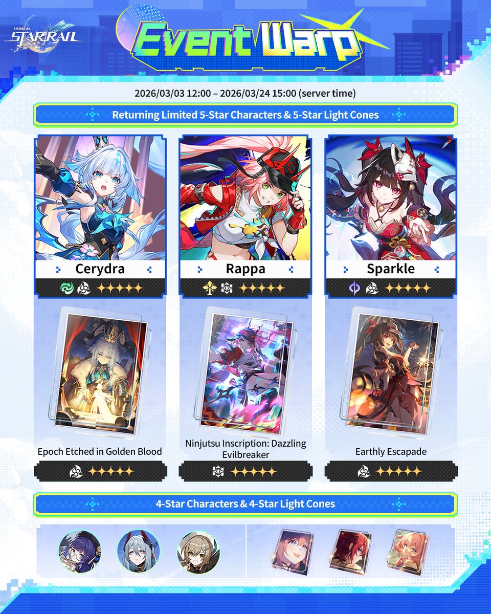 honkaistarrail's tweet photo. Version 4.0 Event Warp: Phase II

Hello, Trailblazers!
Limited-time boost for the drop rates of limited 5-star character Sparxie (Elation: Fire) and limited 5-star Light Cone Dazzled by a Flowery World (Elation). Limited 5-star characters Cerydra (Harmony: Wind), Rappa (Erudition: Imaginary), Sparkle (Harmony: Quantum) and limited 5-star Light Cones Epoch Etched in Golden Blood (Harmony), Ninjutsu Inscription: Dazzling Evilbreaker (Erudition), Earthly Escapade (Harmony) will be making a comeback. Warp Duration: 2026/03/03 12:00 - 2026/03/24 15:00 (server time).

During the event, the drop rate of the limited 5-star character Yao Guang (Elation: Physical) and the limited 5-star Light Cone When She Decided to See (Elation) will be boosted in the Warp. Event Duration: After the Version 4.0 update – 2026/03/24 15:00 (server time).
Learn more: https://t.co/zAg8lx8EKA

#HonkaiStarRail