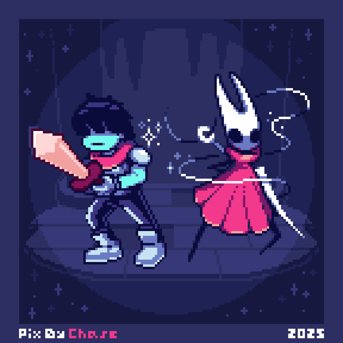 I made this small pixel-art piece while eagerly anticipating both SIlkSong AND Deltarune. Crazy to think that BOTH of these are out now, (and were amazing). Gotta look forward to more games now.

#pixelart #DELTARUNE #SilkSong