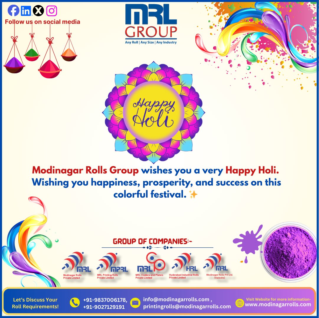 modinagarrolls's tweet image. Modinagar Rolls Group wishes everyone a very Happy Holi.
May this festival of colors bring happiness, prosperity, and success to all.
🌐 modinagarrolls.com
📞 +91-9837006178

#HappyHoli #MRLGroup #ModinagarRolls #HoliWishes #MadeInIndia