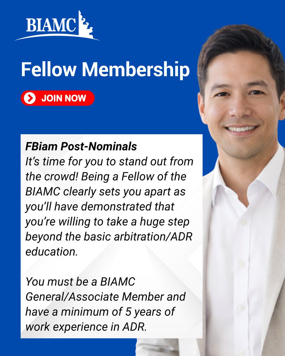 Stand distinguished. Stand recognised.

Becoming a BIAMC Fellow (FBiam) signals more than participation, it reflects depth of experience, professional maturity, and a serious commitment to arbitration and ADR

biamcacademy.com/membership/tit…