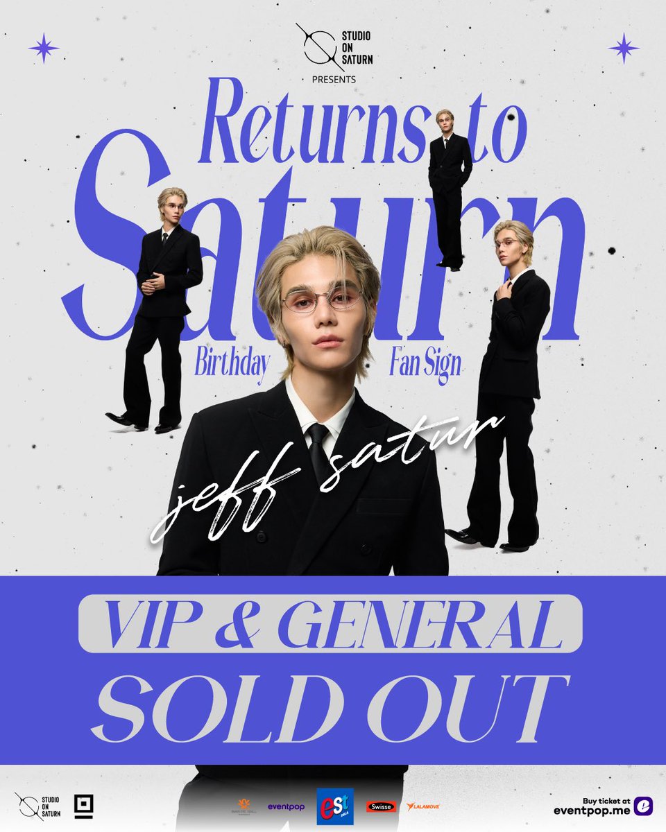 studio_onsaturn's tweet photo. ❌SOLD OUT บัตร VIP และ GENERAL หมดทุกที่นั่ง❌
🎫บัตร LIVE ยังมีจำหน่ายจำนวนจำกัด

“Jeff Satur Returns to Saturn Birthday Fansign”

✦ 16 มีนาคม 2569 , สยามพิฆฮอลล์

✦ จำหน่ายบัตร 2 มีนาคม 2569 ตั้งแต่เวลา 12:00 น. เป็นต้นไป
ที่ Eventpop
⁣https://t.co/5x4ceEFzLZ

🎫 รายละเอียดบัตรแต่ละที่นั่ง
✦ VIP 3,500 THB 
ได้สิทธิ์ Fan Sign ทุกที่นั่ง + โปสการ์ด

✦ GENERAL 1,200 THB 
รับสิทธิ์สุ่ม Video Call Sign  

✦ LIVE 500 THB 
รับชมไลฟ์มินิคอนเสิร์ตและกิจกรรมบนเวทีผ่านระบบถ่ายทอดสด (ระยะเวลาประมาณ 1 ชั่วโมง)
รับสิทธิ์สุ่ม Video Call Sign 

หมายเหตุ 
- กิจกรรม Video Call Sign จัดในวันที่ 6 มีนาคม 2569 เวลา 18:00 น. เป็นต้นไป
- สุ่มสิทธิ์ Video Call Sign ระหว่างผู้ซื้อบัตร GENERAL และ LIVE จำนวนรวม 240 ผู้โชคดี ในวันที่ 2 มีนาคม 2569 เวลา 18:00 น.

หากมีข้อสงสัยเพิ่มเติม สามารถติดต่อสอบถามได้ที่อีเมล: info.returnstosaturn@gmail.com 
(หมายเหตุ ทางทีมงานจะพิจารณาตอบกลับเฉพาะกรณีที่มีความจำเป็นและเร่งด่วนเท่านั้น)
______________

❌ SOLD OUT: VIP and GENERAL tickets are fully booked! ❌
🎫 LIVE tickets are still available in limited quantities.

✦ 16 MARCH 2026 , SIAMPIC HALL

✦ Ticket sale March 2, 2026, from 12 PM (GMT+7) onwards
Tickets available at Eventpop
⁣https://t.co/5x4ceEFzLZ

🎫Ticket Tiers & Benefits
✦ VIP | 3,500 THB
Includes a Fansign benefit for every seat + 1 postcard.

✦ GENERAL | 1,200 THB
Includes a chance to receive a Random Video Call Sign benefit

✦ LIVE | 500 THB
Access to the Mini Concert and on stage activity Live Stream

Duration: Approximately 1 hour.

Includes a chance to receive a Random Video Call Sign benefit

Remarks
- Video Call Sign benefit activities begin March 6, 2026, from 6 PM (GMT+7) onwards.
- A total of 240 Video Call Sign winners will be selected via from both GENERAL and LIVE ticket holders. The lucky draw will take place on March 2, 2026, at 6 PM (GMT+7).

For further information, please contact us at: info.returnstosaturn@gmail.com 
(Note: We will prioritize responses to urgent and essential inquiries only)

#JeffSatur
#JeffSaturReturnsToSaturnBirthdayFanSign