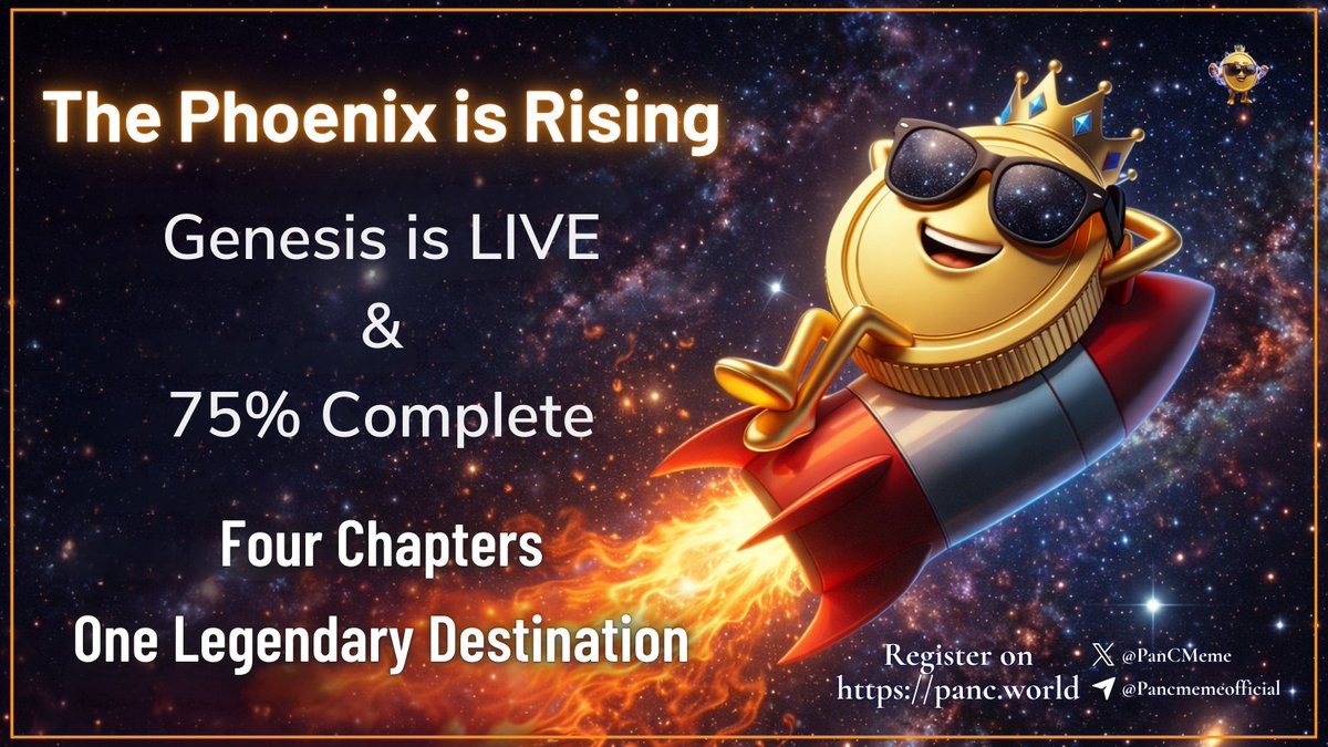 PanCMeme's tweet image. The journey has begun.

✅ Genesis – Active (75%)
⏳ Ignition – Coming Soon
⏳ Flight – Scaling
⏳ Ascension – Ecosystem Expansion

Built step by step. Designed for long-term growth.
Register now ➡️ panc.world
#PANC #memecoins #cryptomarket #cryptoecosystem