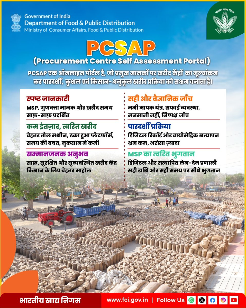 FCI_India's tweet photo. PCSAP एक ऑनलाइन पोर्टल है, जो प्रमुख मानकों पर खरीद केंद्रों का मूल्यांकन कर पारदर्शी, कुशल एवं किसान-अनुकूल खरीद प्रक्रिया को सक्षम बनाता है। 

@mygovindia @fooddeptgoi @JoshiPralhad @Nimu_Bambhaniya @blvermaup 
#PCSAP #FCI #FoodCorporationOfIndia #FarmerWelfare #MSP #TransparentProcurement #FoodSecurity