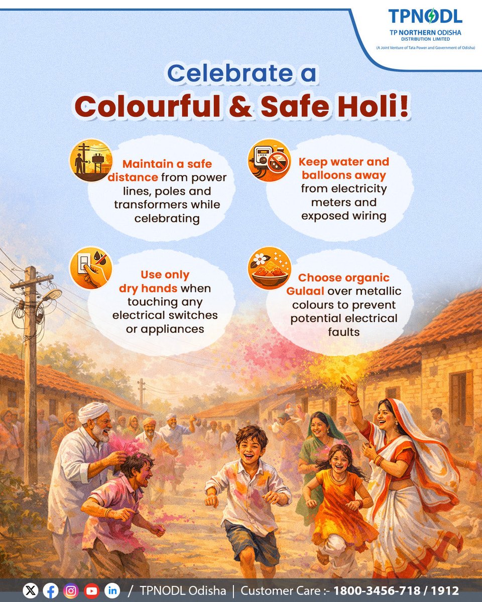 tpnodl_odisha's tweet image. High holi spirits, zero risks!
This Holi, let’s keep the celebrations vibrant and the power on. A little caution ensures your festival stays bright and the joy never stops. Have a safe, responsible and happy festival!

#SafeHoli #FestivalSafety #Holi2026