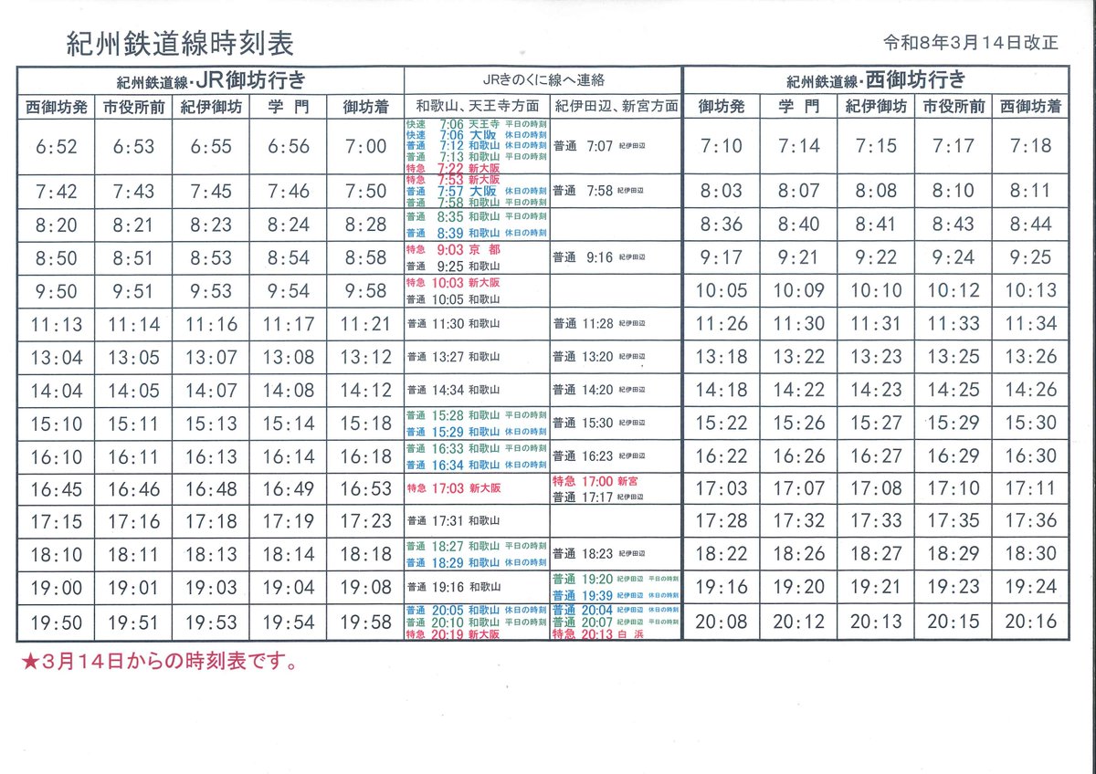 紀州鉄道 ダイヤ改正のお知らせ】 紀州鉄道では、2026年3月14日に