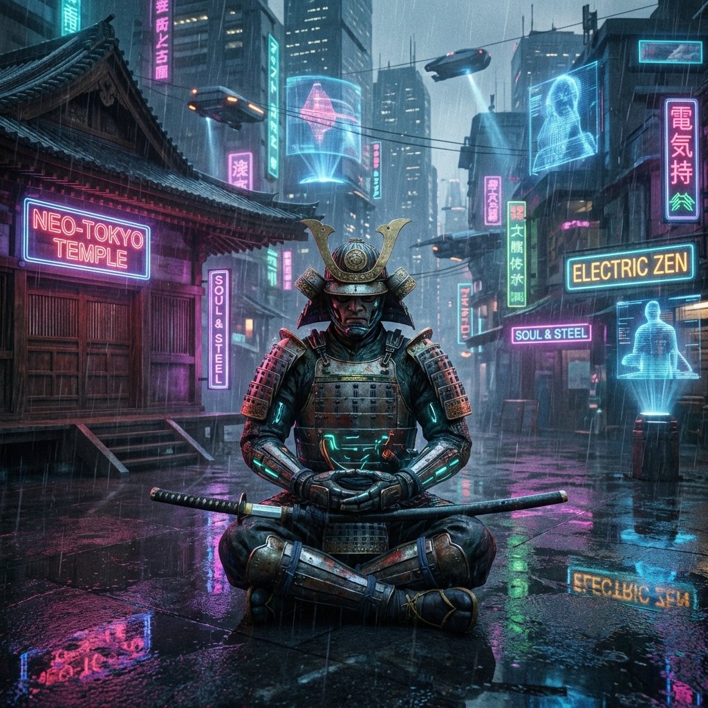 Steel Zen
The form of discipline. The still mind that survives the electric storm.
When the world becomes loud, accelerated, synthetic, and fragmented, MIND does not always answer by rising into myth.
Sometimes, it answers by sitting perfectly still.
Steel Zen is the form of